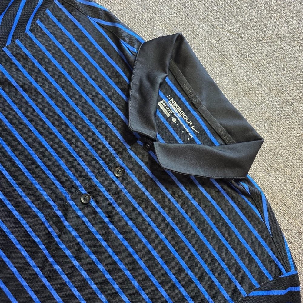 Nike Golf Shirt Mens Blue Stripe Dri fIt Standard Large Button Polo Short Sleeve